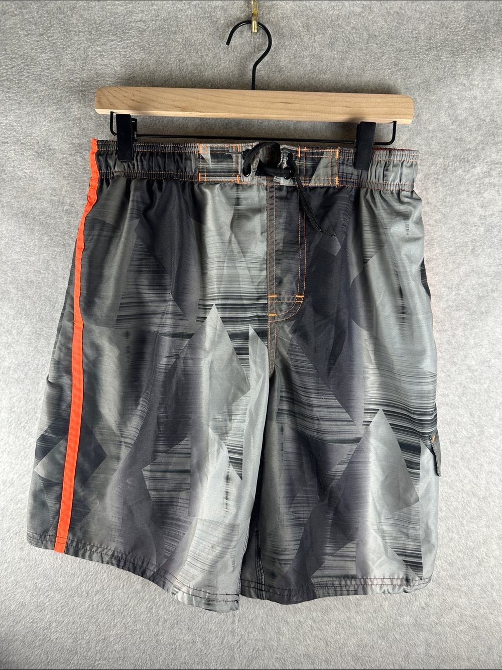 Nike Men's Gray & Black Geometric Swim Shorts with Orange Stripe